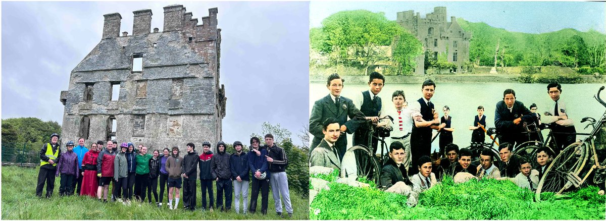 I was #BikeWeek guide for #Jes TYs on Woodquay-Menlo heritage tour. Thanks @RegJTurner! But school has history of cycling to Menlo. Photo on left is from Mon;photo on right is one I'm colourising of Jes students from 1911! Menlo Castle in both photos! @TFIupdates
 @Col_Iognaid_SJ