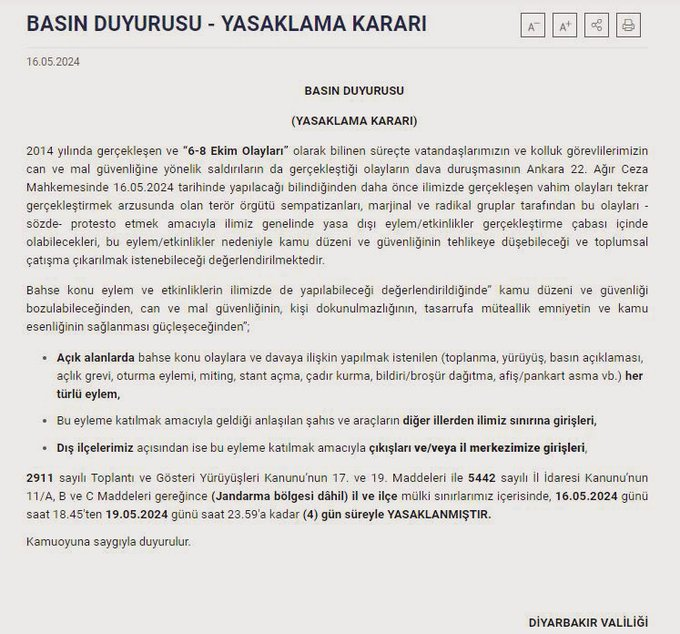 #SONDAKİKA Diyarbakır Valiliği, #kobanidavası kararları nedeniyle kentte 4 gün eylem ve etkinlik yasağı ilan etti. Kobani Terör Kalkışması