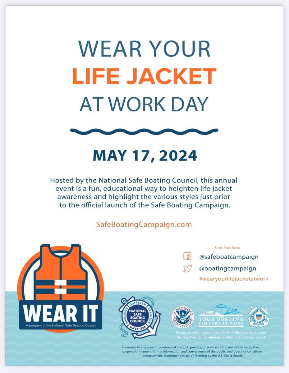 Today is 'Wear your life jacket at work' day! As a part of National Safe Boating Week, we encourage everyone to wear their life jackets, stay alert, and boat sober! Spread the word. #Pacarea #USCG #USCoastGuard #SafeBoating #WearYourLifeJacket