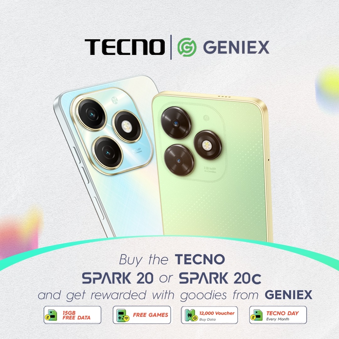 Unlock Freebies for yourself! All you need to do is buy the SPARK 20 or SPARK 20 C and get rewarded with goodies from Geniex. Up to 15GB of free data, NGN 12,000 worth of vouchers and lots more. Hurry! Visit any of our stores nationwide to get yours #TECNOxGeniex