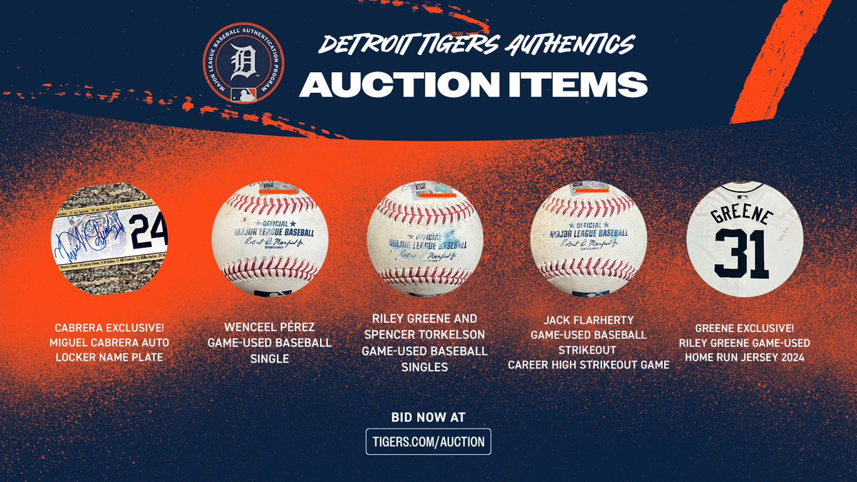 🚨 New Authentics Auction Live ‼️ Miguel Cabrera Autographed Locker Name Plate, Riley Greene Game Used Home Run Jersey, Wenceel Pérez Single, Jack Flaherty Strikeout, and more! Bid now ➡️ tigers.auctions.mlb.com/all-teams/all-…