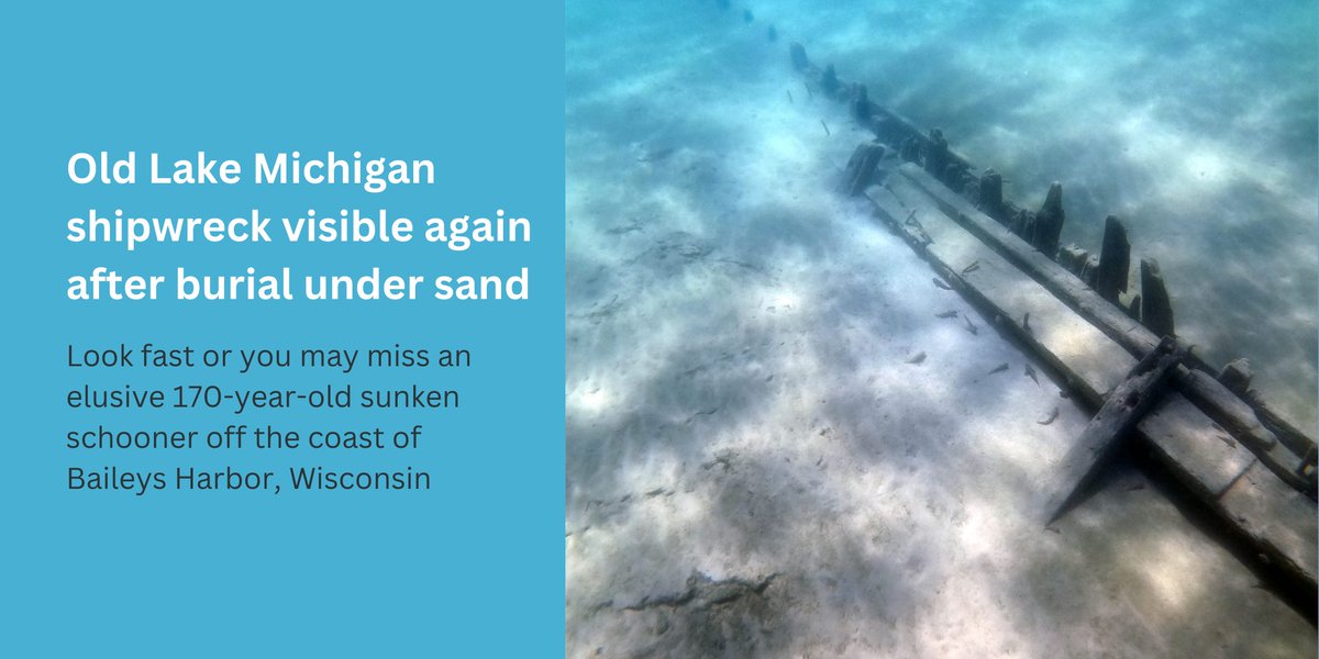 The mostly intact #shipwreck, which was added to the National Register of #Historic Places in early April, isn’t always visible. The vessel comes in and out of view depending on the cyclical motion of sand in #LakeMichigan. greatlakesecho.org/2024/05/14/old… #greatlakes #water #ship