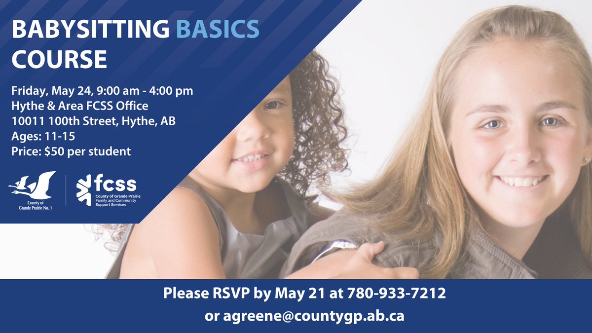 5️⃣ days until our Babysitting Course in Hythe. Learn what every Babysitter should know Friday, May 24, 9 a.m. to 4 p.m. at 10011-100th Street, Hythe. The course is open to ages 11-15 years old and costs $50. See more details and how to register at: loom.ly/nF9xfPU