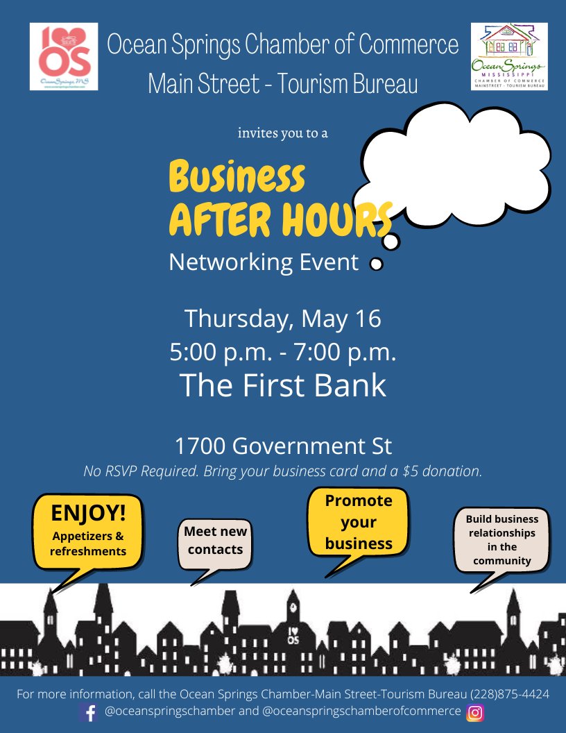 Join us for May's Business After Hours at The First Bank, 1700 Government St, on Thursday, May 16 at 5:00 p.m. Bring your business card and a $5 donation.