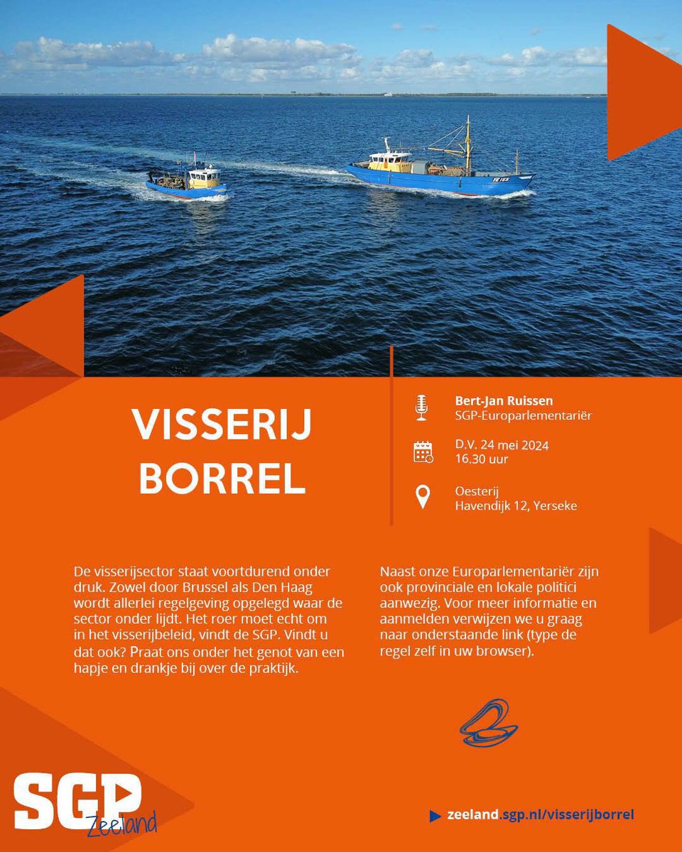 24 mei ook even bijpraten met #SGP Europarlementariër @hjaruissen? Welkom op de visserij borrel in #Yerseke! zeeland.sgp.nl/visserijborrel