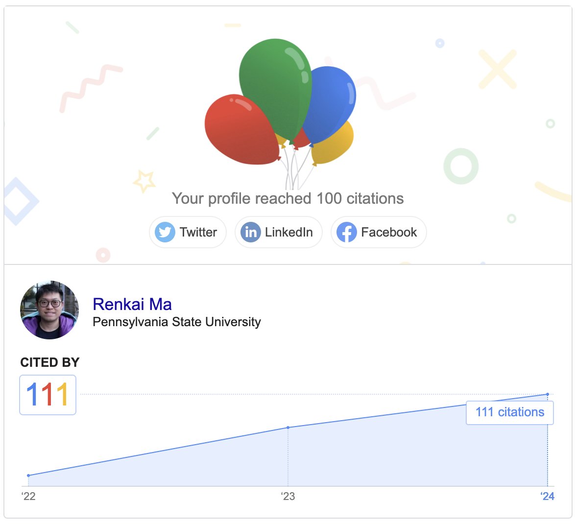 Absolutely thrilled to hit 100 citations while attending #CHI2024! Huge thanks to my amazing advisor Dr. Yubo Kou, and all the mentors, collaborators, and researchers who support our work. Excited to continue working on trust & safety! #CSCW #HCI 🥳 scholar.google.com/citations?user…