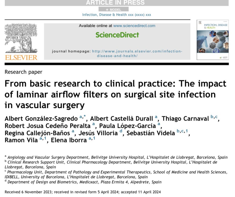 Hot Off The Press🔥🔥🔥 Laminar airflow filters do not reduce Surgical Site Infection incidence in Vascular Surgery compared to turbulent on es. Our last article is available at:

authors.elsevier.com/a/1j4Cu8nAo8vz…

Thanks to my co-authors! <a href="/albertca_du/">Albert Castellà D</a> <a href="/lopezgarcia_p/">Paula López García</a> <a href="/eiborrae/">Elena Iborra</a> <a href="/acv_hub/">Cirurgia Vascular a l'Hospital de Bellvitge</a>