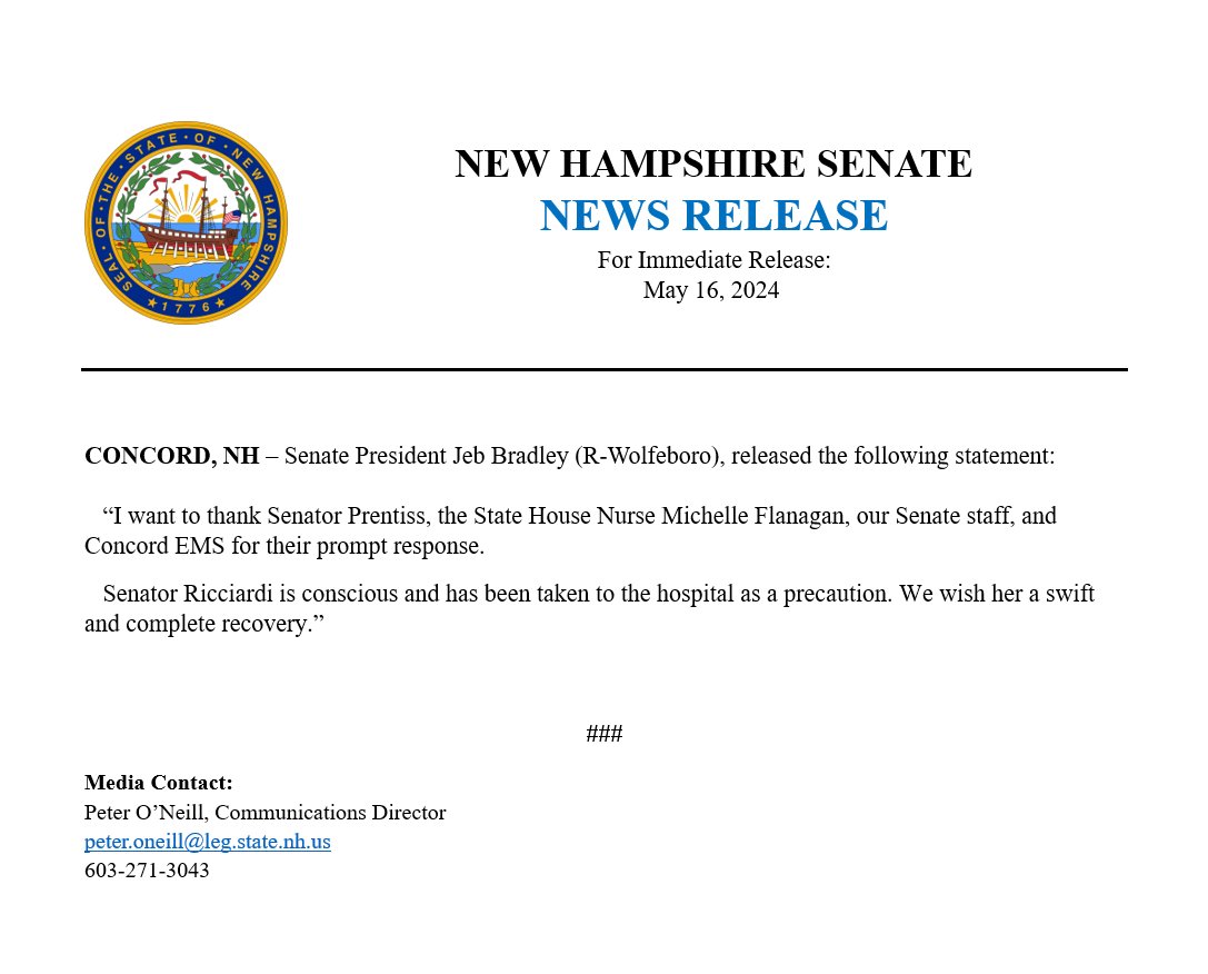 A statement from Senate President Jeb Bradley