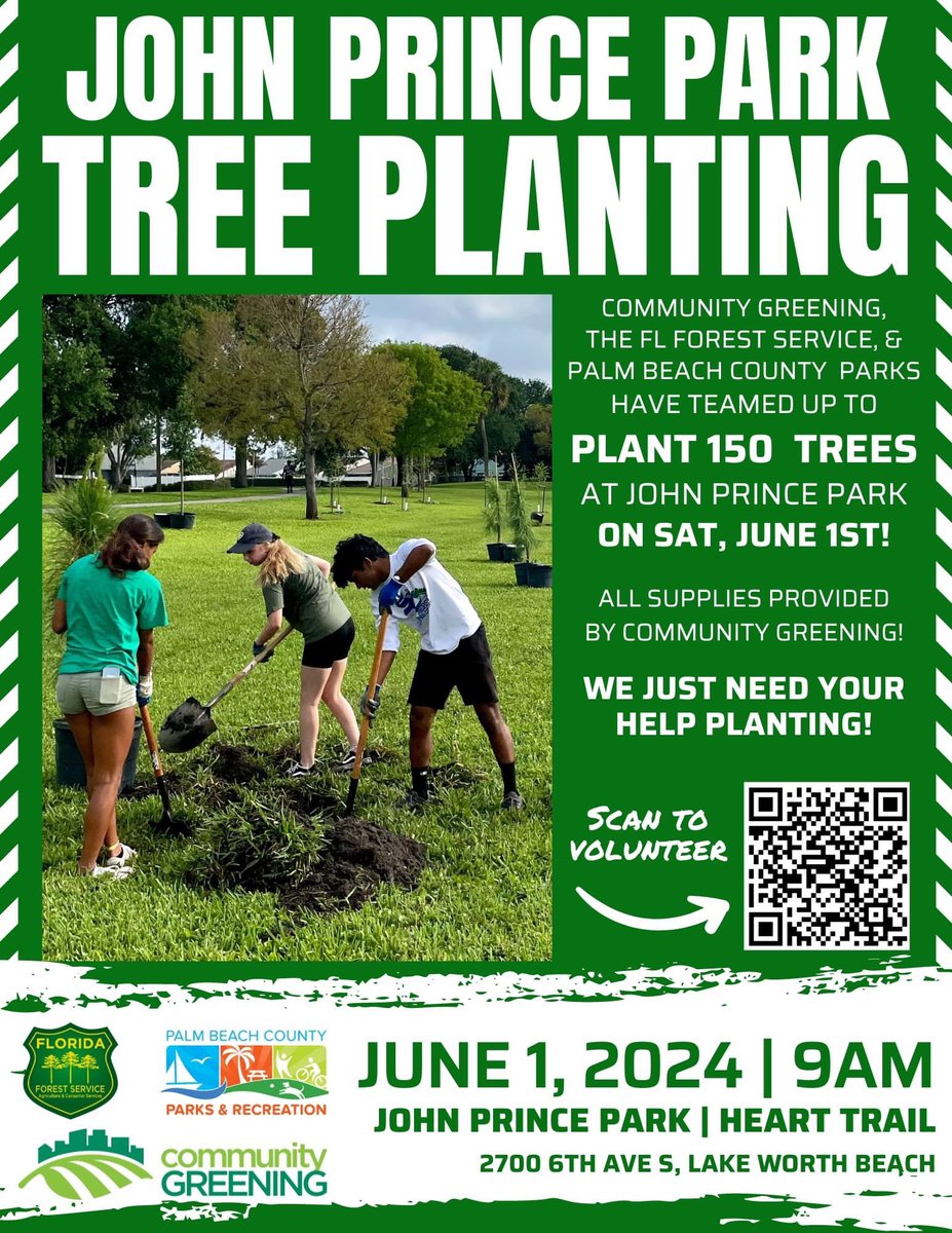 🌳❤️ PBC Parks, Community Greening & Florida Forest Service have teamed up to plant 150 trees at John Prince Park on June 1 at 9:00 am! We need your help planting! (all supplies provided by Community Greening) Register to volunteer: communitygreening.org/events/john-pr… #pbcparks #LoveATreeDay