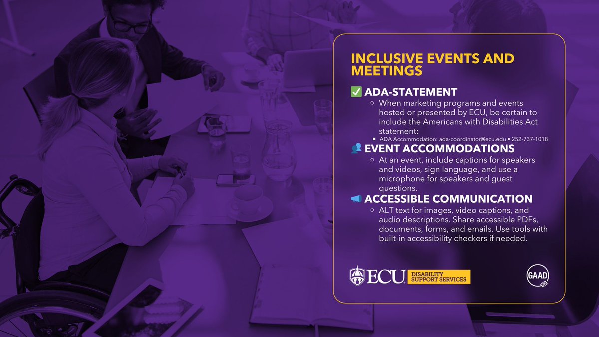 #Accommodations make a big difference for individuals with disabilities at events and meetings. Include the #ADA statement for #ECU events, #SignLanguage and accessible documents. Utilizing these tips helps prioritize #ECUAccessibility in-person and online for all #Pirates. 💜
