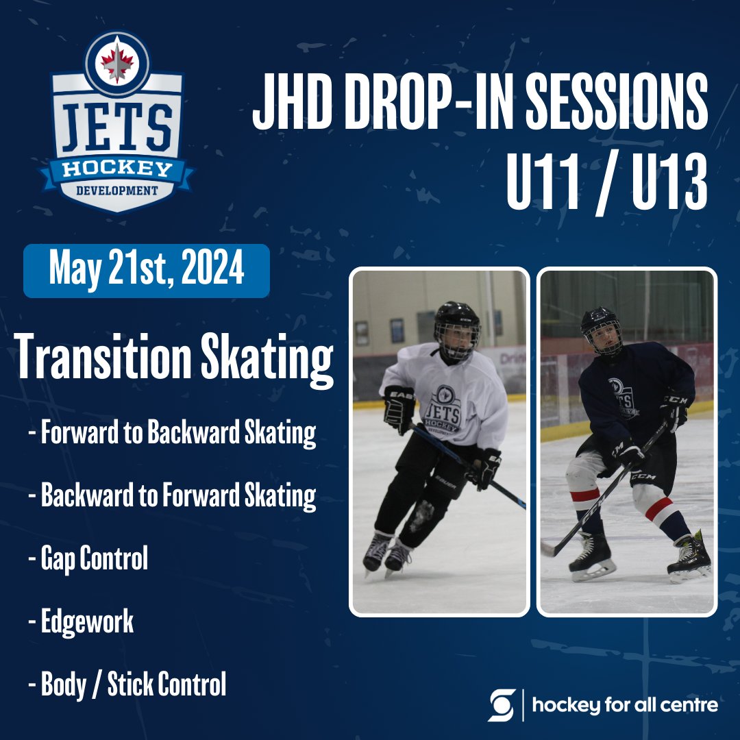 Join us next week for Transition Skating! Only four more weeks of our Spring Drop-In sessions left.

💧 Forward to Backward Skating
💧 Backward to Forward Skating
💧 Gap Control
💧 Edgework
💧 Body / Stick Control

To register: bit.ly/3yoVvZR