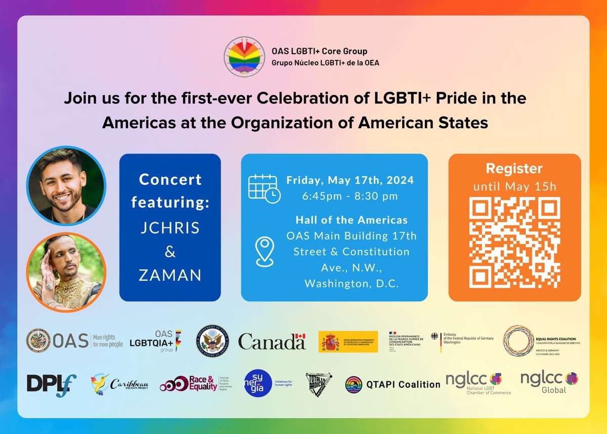 Tomorrow: Join me, the OAS LGBTI+ Core Group of countries + other allies & partners for the first-ever Celebration of LGBTI+ Pride in the Americas at the @OAS_official! With live music and dance. #IDAHOBIT 🗓️Friday May 17th 🕓6:45pm 📍Washington DC Register here to attend in