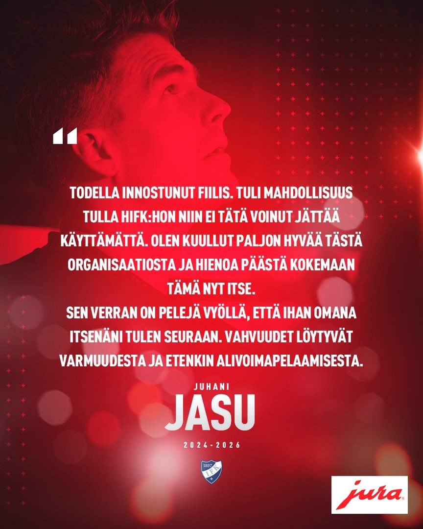 Hyökkääjä Juhani Jasu saapuu Stadiin! Jasun sopimus kattaa kaudet 2024-2026. 

"Juhani Jasu on kokenut kahden suunnan sentteri,  joka tuo joukkueeseen johtajuutta nimenomaan tekojen kautta. "Junnu" on työteliäs keskushyökkääjä, joka kuuluu Liigan eliittiin erityisesti aloittajana