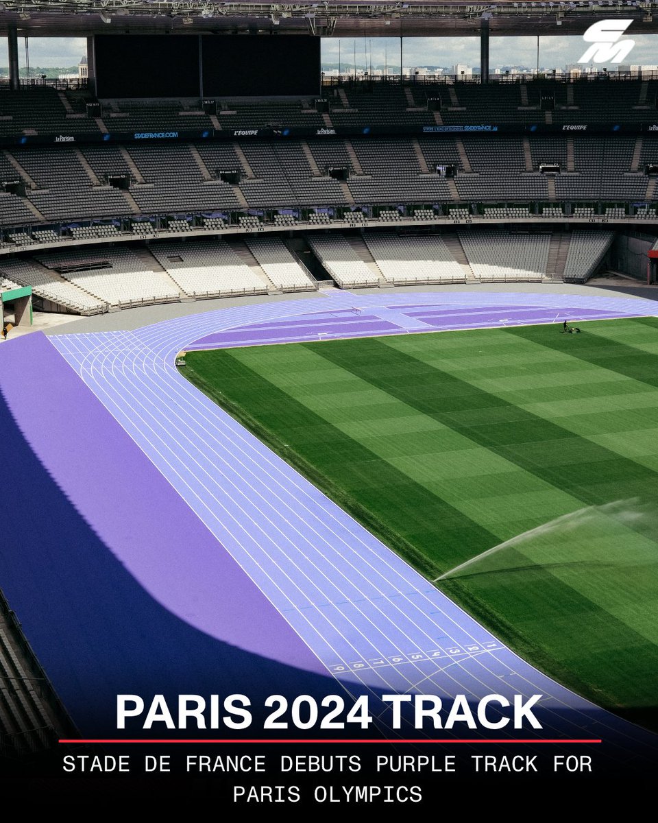 The purple track at the Stade de France has been finished and is ready for track and field to start on August 1st at the Paris Olympics 💜 The track at the Tokyo Olympics yielded 3 world records and 12 Olympic records. Could this one be faster? 🤔 💭 📸 @Paris2024
