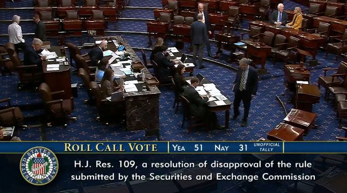 THE CRYPTO BILL JUST PASSED THE SENATE, OVERTURNING A US SEC RULE THAT PREVENTS HIGHLY REGULATED FINANCIAL FIRMS FROM HOLDING #BITCOIN.