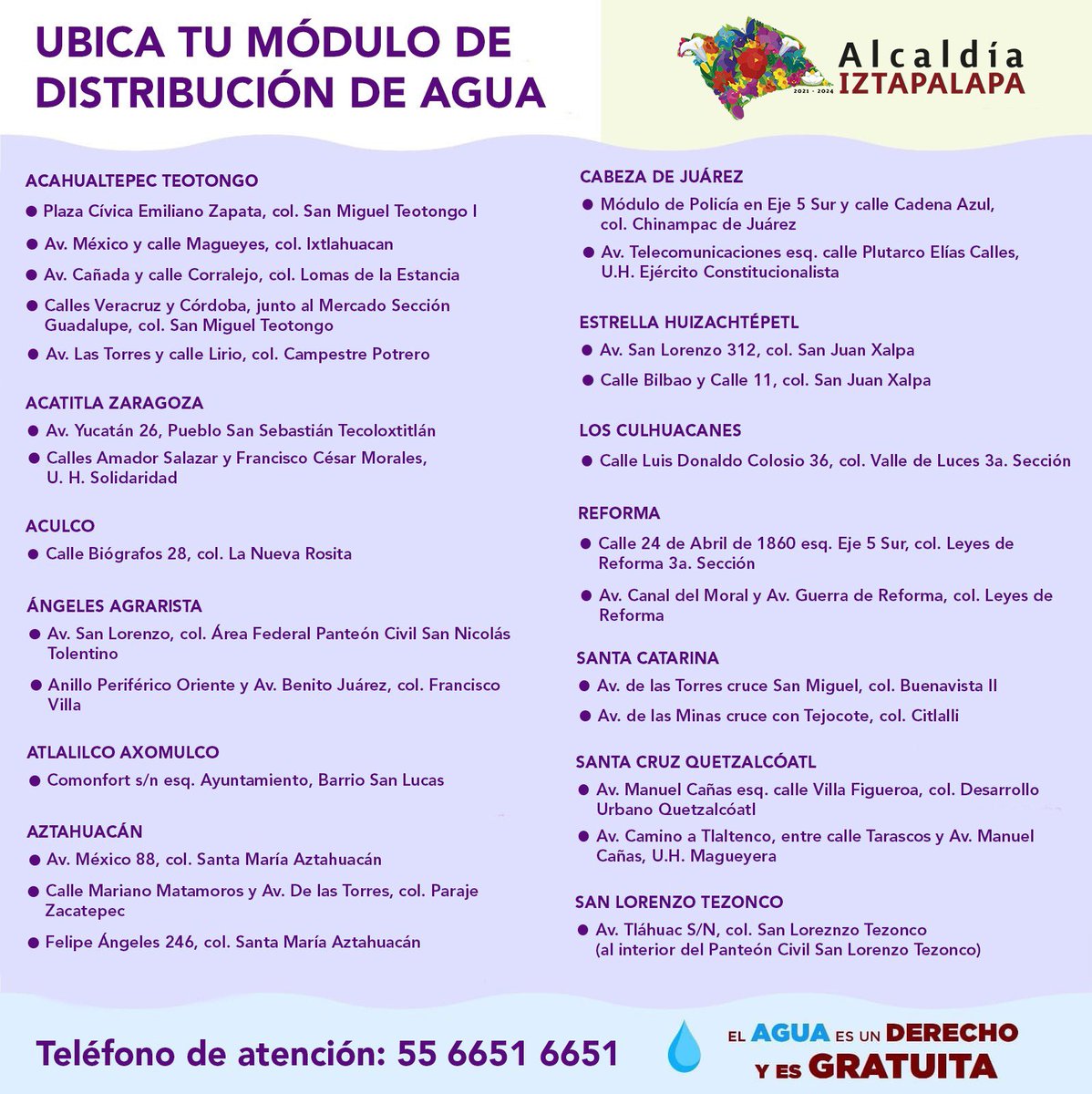 La @Alc_Iztapalapa implementa un operativo de abasto de agua 💧 mediante pipas para atender la escasez. El servicio es gratuito, universal y sin intermediarios. Solicítalo en el módulo de tu territorial 👇🏻 o comunícate al 📞 55-6651-6651. Cuida el agua, reutilízala y ahorra 💧