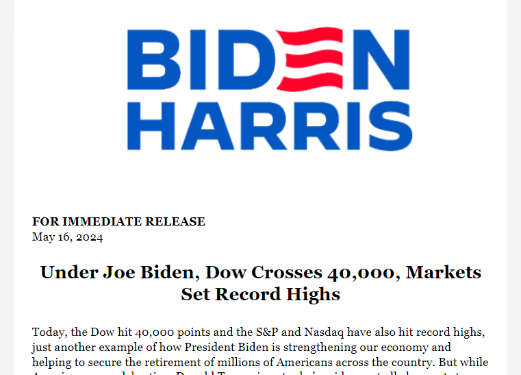 Biden's campaign is leaning into an issue that his White House rarely does: stock market record highs.