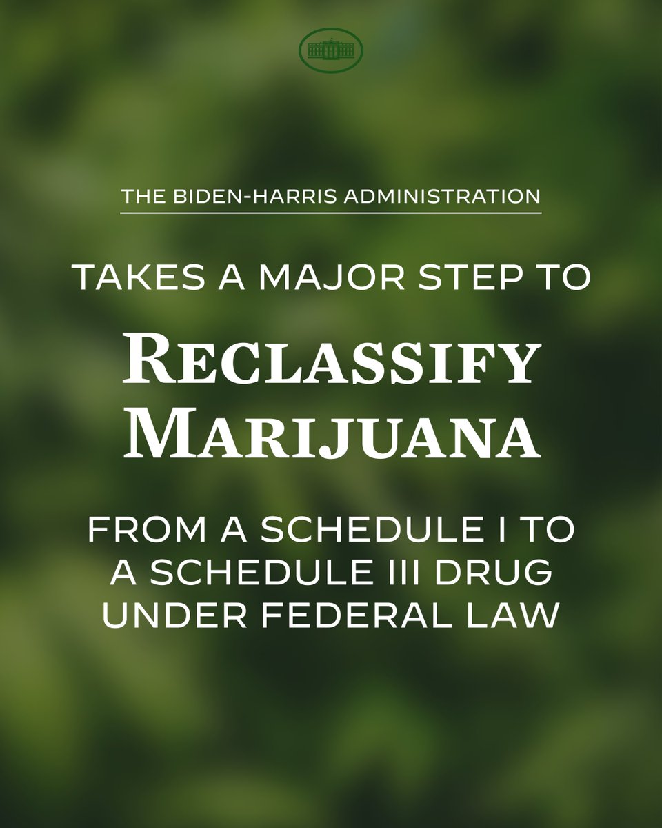 The Biden-Harris Administration just took a major step to reclassify marijuana under federal law. If finalized by @TheJusticeDept, marijuana will no longer hold the higher-level classification over fentanyl and methamphetamine, and this will remove barriers to critical research