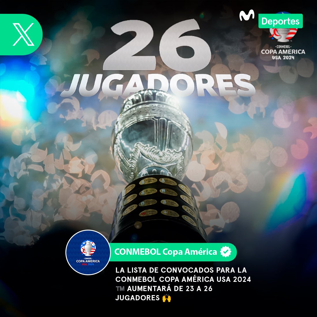 ¡𝗖𝗢𝗡𝗙𝗜𝗥𝗠𝗔𝗗𝗢! ✅ A través de sus redes sociales, la CONMEBOL confirmó que la lista de convocados para la Copa América 2024 será de 26 jugadores. 🏆 ¿Qué jugador no debería faltar en la lista de Fossati? 👀