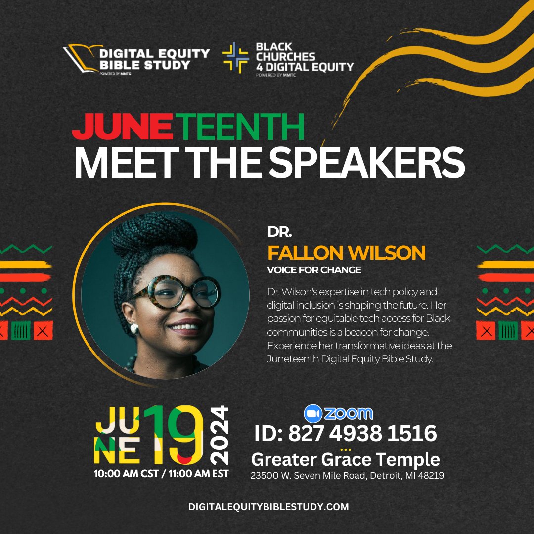 Get to Know Dr. Fallon Wilson @SistahWilson, @MMTCOnline Vice President - Voice for Change! Join Dr. Wilson at the @BlackChurchesDE's Juneteenth National Digital Equity Bible Study on June 19 at 10 AM CST. GET INFO: digitalequitybiblestudy.com. #BlackChurches4DigitalEquity