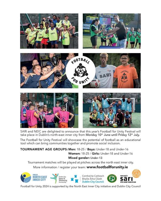 We are delighted to announce that this year’s SARI - Sport Against Racism Ireland Football for Unity Festival will take place in the #NEIC from Monday 10th June until Friday 12th July✨⚽️Head to footballforunity.ie/register to register your team! #NEIC #SARI #FootballForUnity