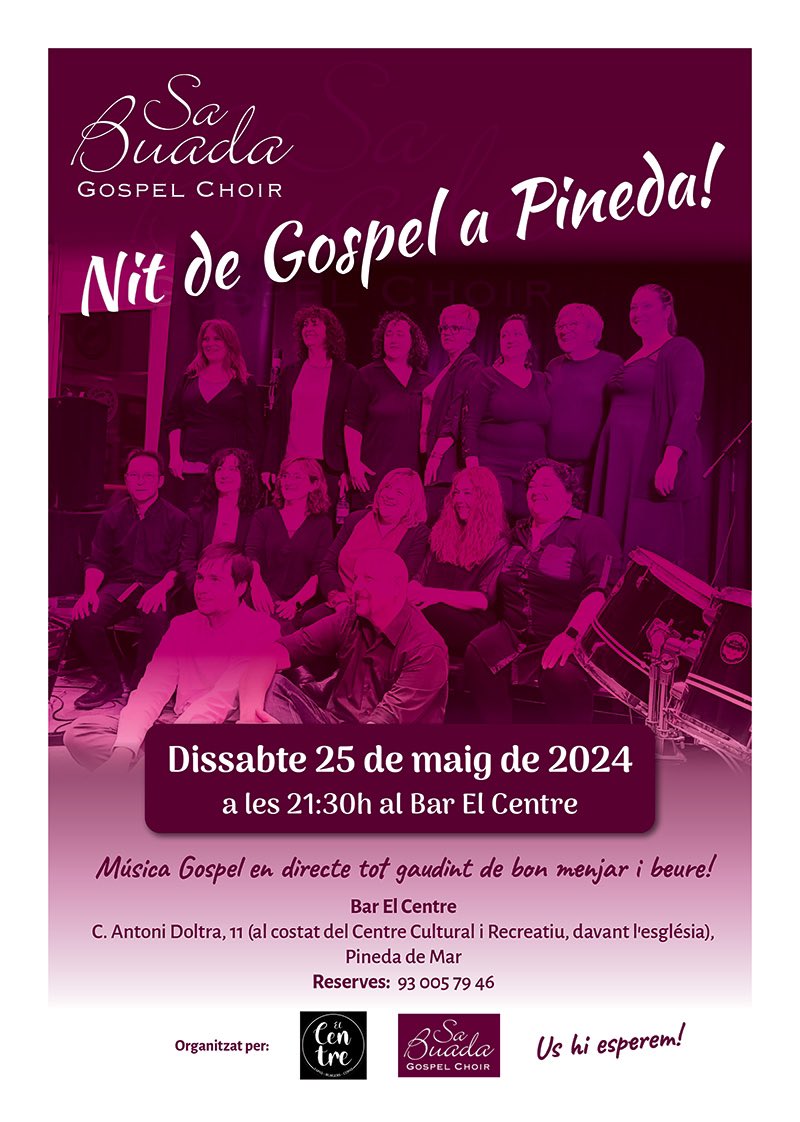 I tornem!!!🎉🎊🥳

No us perdeu el nostre proper concert al bar El Centre de Pineda de Mar!

Serà una vetllada plena de música Gòspel on podreu gaudir del concert junt amb un bon sopar 🍔🎶🎶🎙

No oblideu fer la vostra reserva!!!

Us hi esperem!!!💜