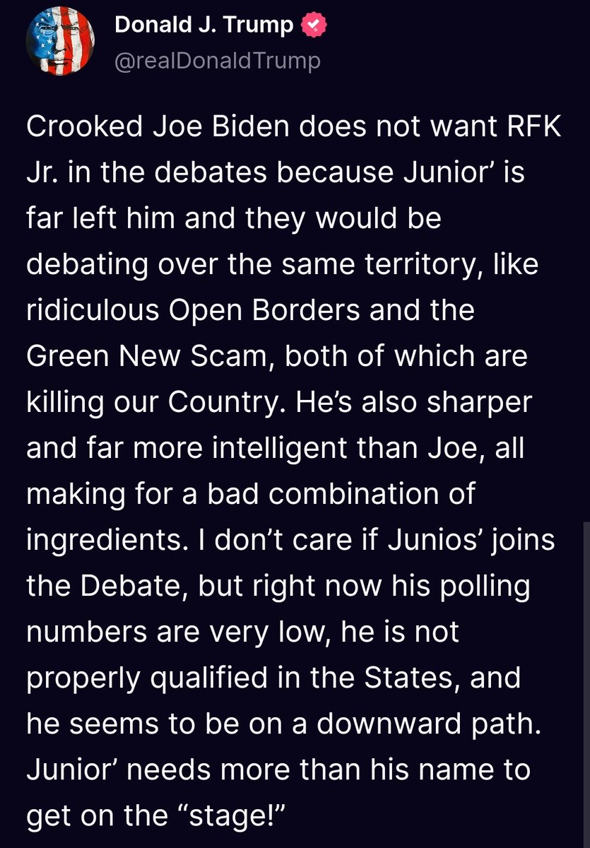 President Trump weighs in on the debate, saying Biden does NOT want RFK Jr. on the stage and why.