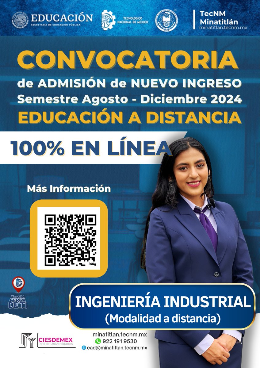 📣¡Comunidad mexicana en el exterior! Conoce la convocatoria del @tecnmitmina ofrece para cursar el programa educativo de Ingeniería Industrial para el periodo de 🗓️Agosto-Diciembre 2024. Más información minatitlan.tecnm.mx/index.php/ead-…
#EducaciónADistancia #EducaciónParaTodasyTodos