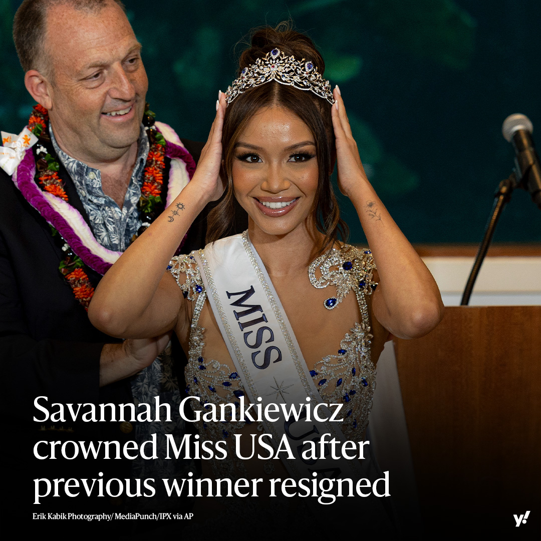 Amid two weeks of resignations and allegations made against the Miss USA organization, Hawaii's Savannah Gankiewicz has been crowned Miss USA.⁠
⁠
'I am dedicated to taking action and making a difference,' she said during her crowning ceremony. yhoo.it/4bmYQqI