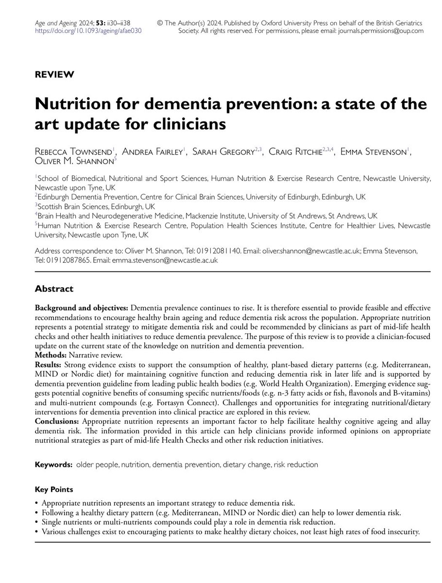 ⭐️ Delighted to contribute towards this new review with the brilliant team of @rebeccatownsnd, @afairley14, @craig_ritchie68 & @EmmaJStevenson ⭐️ Nutrition for dementia prevention: A state of the art update for clinicians 🔗: academic.oup.com/ageing/article…