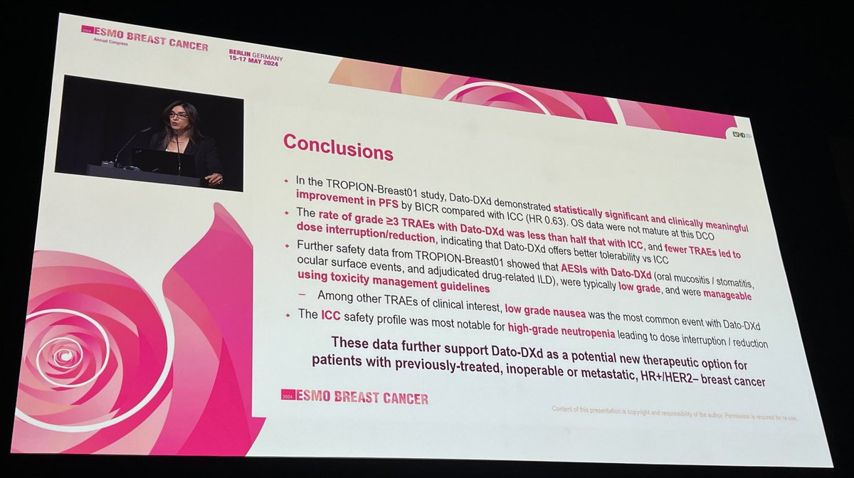 Excellent presentation by ⁦@jhaveri_komal⁩ highlighting detailed safety results related to Dato-DXd vs TPC for HR+ MBC from Tropion-B01 #esmobreast2024 ⁦#bcsm