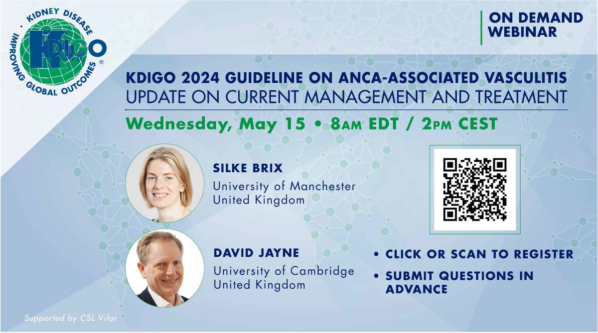 The recording is now available for the webinar, "KDIGO 2024 Guideline on ANCA-Associated Vasculitis: Update on Current Management and Treatment."

Watch the recording: kdigo.co/2024-AAV-Guide…

In this webinar, Dr. Silke Brix (UK) and KDIGO ANCA-Associated Vasculitis (AAV)