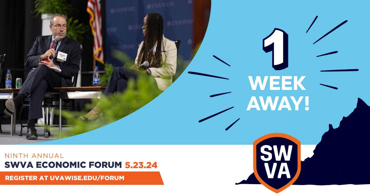 We're just one week away from the Ninth Annual SWVA Economic Forum!

Registration for in-person or virtual tickets will remain open through Tuesday, May 21. Walk-ins are welcome the day of the event. To view the agenda and register, visit uvawise.edu/forum.

#uvawise #swva