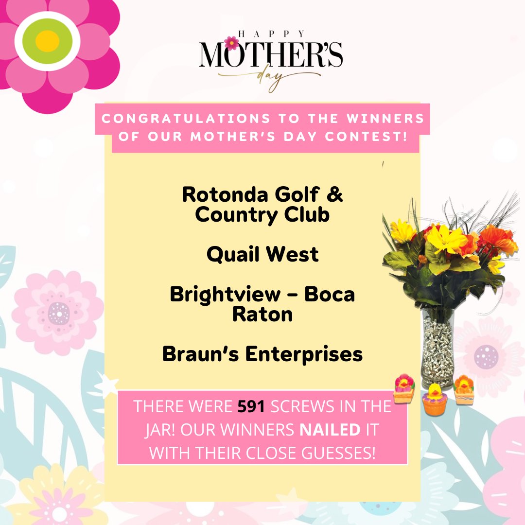 Congratulations to our winners of the Mother's Day contest! There were 591 screws in the jar, and our winners nailed it with their close guesses! We hope you enjoy dinner on us! 

#MothersdayContest #WescoTurf #WhyWesco #WescoTurf #Toro #Screws