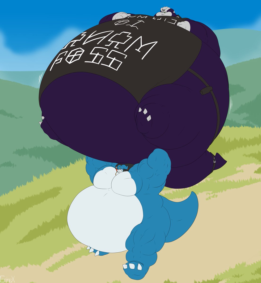 BanchoVeemon is doing training by using the enlarged Grit the Impmon as weights. Soft round boy incoming!