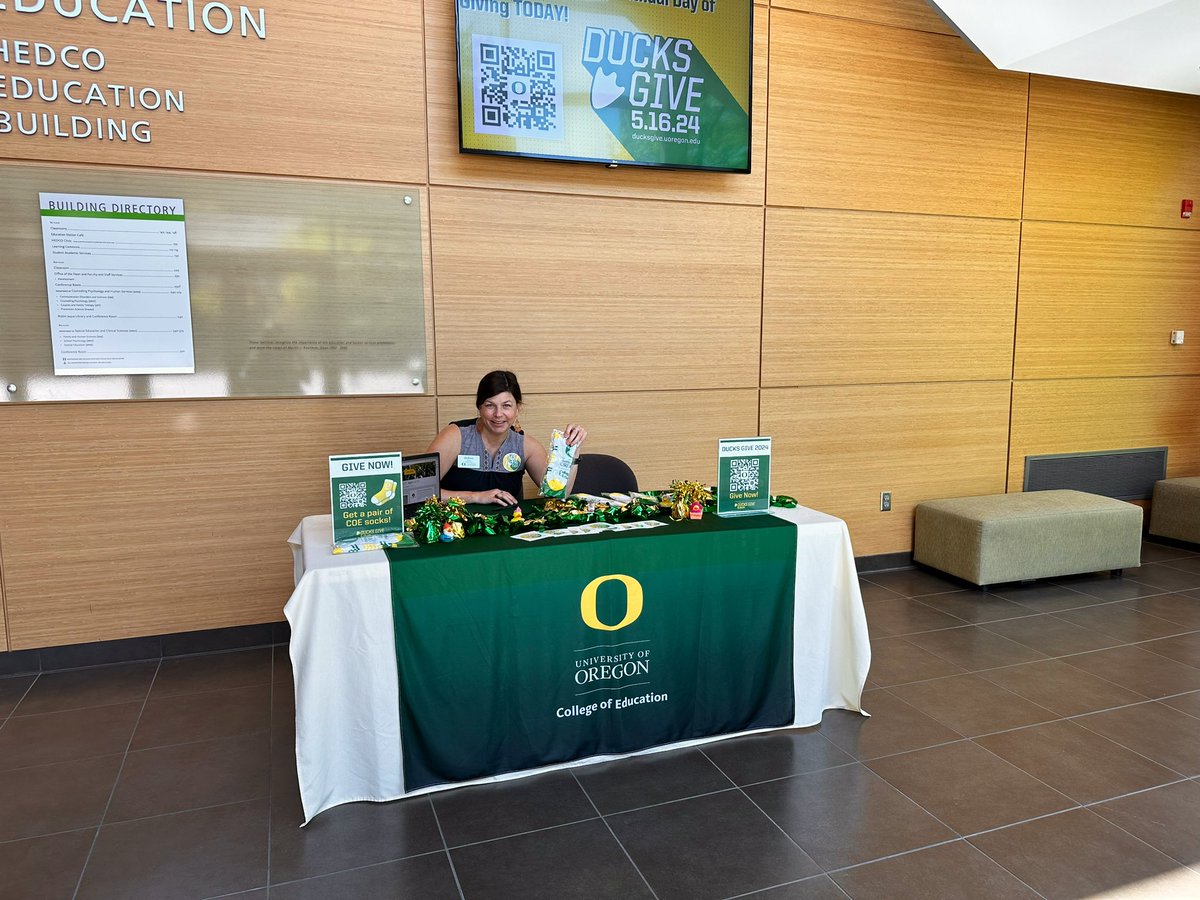 Today is #DucksGive! 🦆 Give $5 or more today and help us meet our goal of 150 donations to unlock $75,000 in matching challenge gifts. Stop by our table in the HEDCO Education Building for a sticker and a chance to grab some COE socks! ducksgive.uoregon.edu/coe