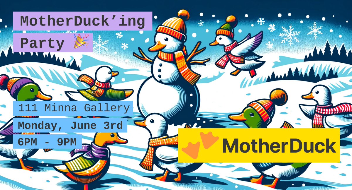Data ducks and party peeps - it's almost time to let it snow! ❄️ Join MotherDuck on Monday, June 3rd, to celebrate our ducking awesome community. Save your seat and bring a friend - all flockers welcome: lnkd.in/eGWNTG79