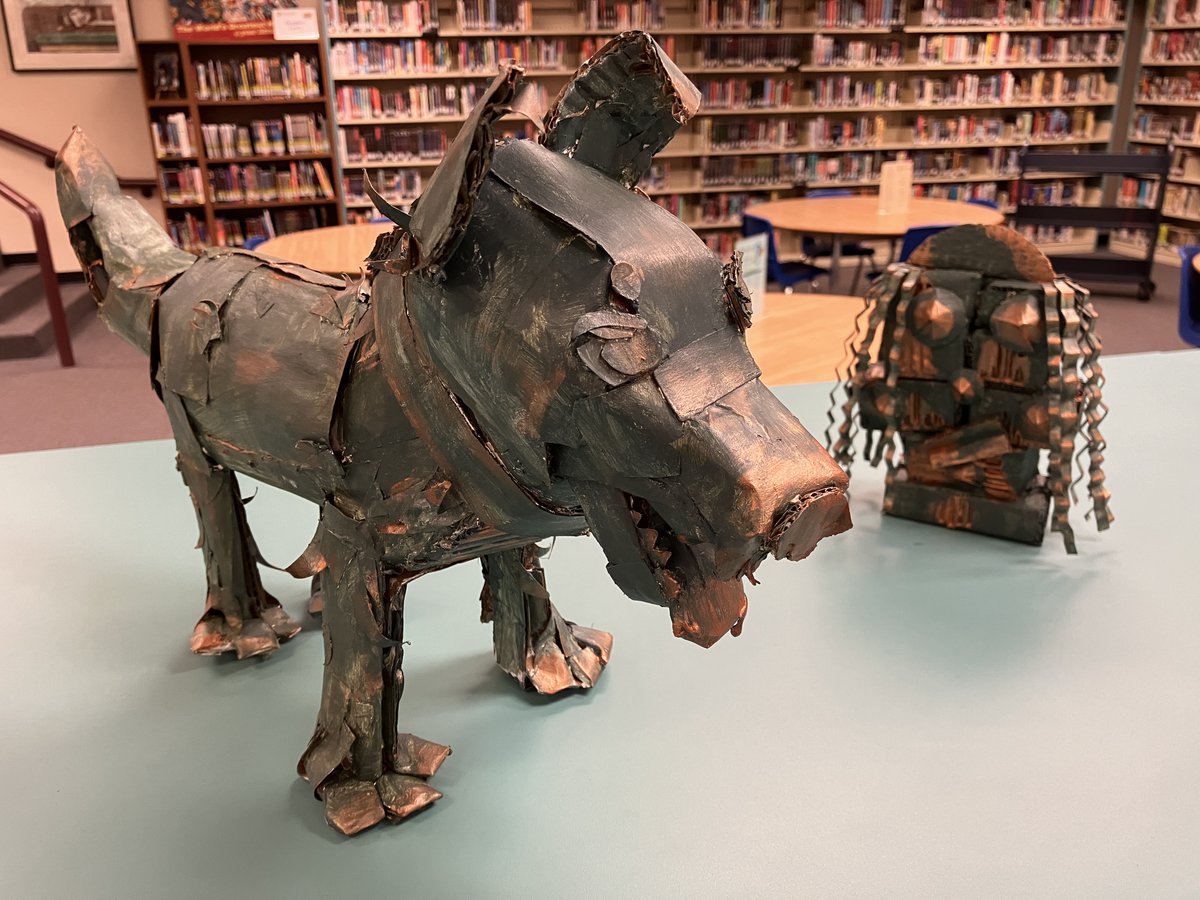 BealLibrary's tweet image. The Raider Gallery in the @HBBeal Library welcomes 'Cardboard Sculpture' featuring planar sculpture technique by students in Mr. Koyounian’s Gr. 11 art class. Check it out! @TVDSB @bealart