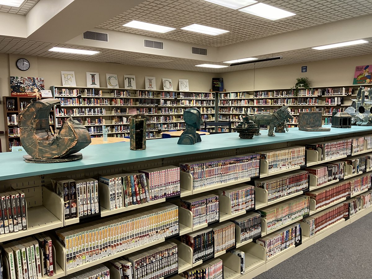 BealLibrary's tweet image. The Raider Gallery in the @HBBeal Library welcomes 'Cardboard Sculpture' featuring planar sculpture technique by students in Mr. Koyounian’s Gr. 11 art class. Check it out! @TVDSB @bealart