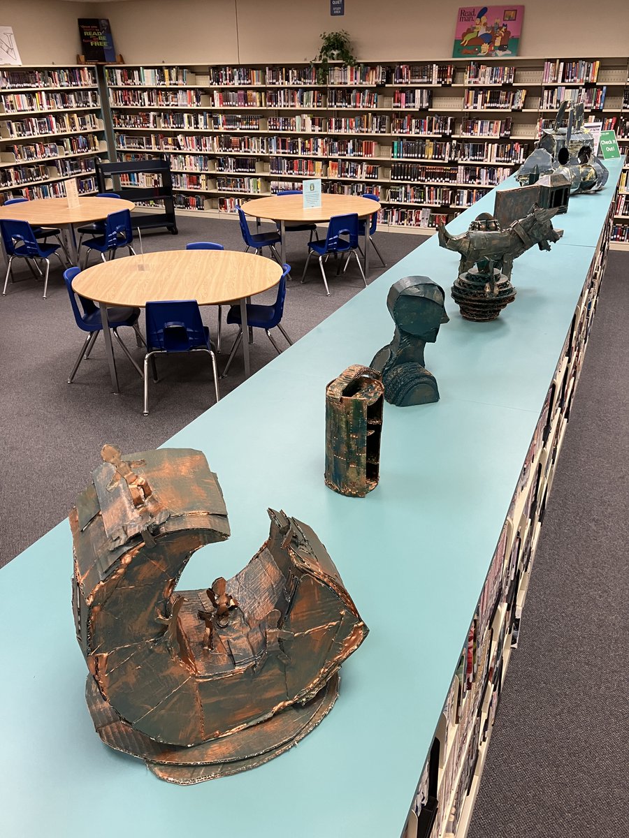 BealLibrary's tweet image. The Raider Gallery in the @HBBeal Library welcomes 'Cardboard Sculpture' featuring planar sculpture technique by students in Mr. Koyounian’s Gr. 11 art class. Check it out! @TVDSB @bealart