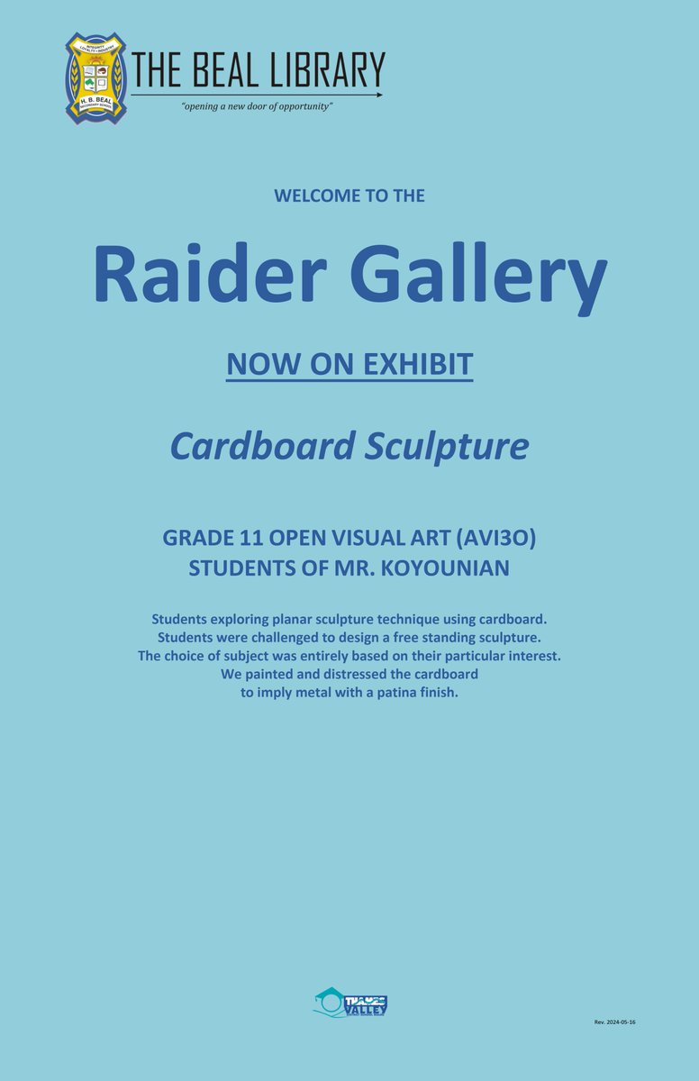BealLibrary's tweet image. The Raider Gallery in the @HBBeal Library welcomes 'Cardboard Sculpture' featuring planar sculpture technique by students in Mr. Koyounian’s Gr. 11 art class. Check it out! @TVDSB @bealart