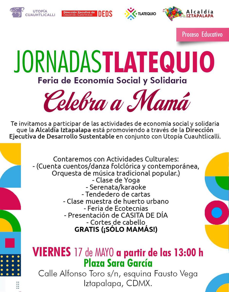 La @Alc_Iztapalapa te invita a la #FeriaEducativa “Tlatequio”, donde encontrarás artesanías, charlas #educativas con especialistas y una gran red de emprendedores y productores. Te esperamos este viernes 17 de mayo, a partir de las 13:00 horas, en la📍 #UtopíaCuauhtlicalli.