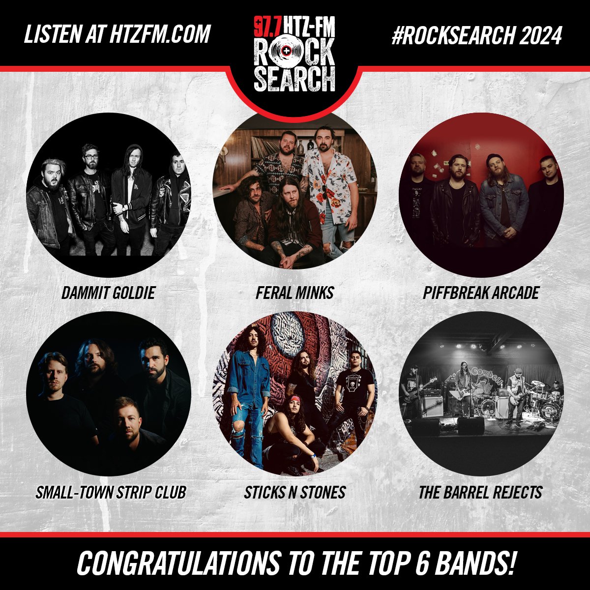 We've calculated the votes... here are the ROCKSEARCH 2024 TOP 6 BANDS! 💥 DammitGoldie Feral Minks Piffbreak Arcade Small-Town Strip Club Sticks N' Stones The Barrel Rejects CONGRATS! 🤘 The top six will go head to head in a live semi-final showcase on May 24th at Warehouse!