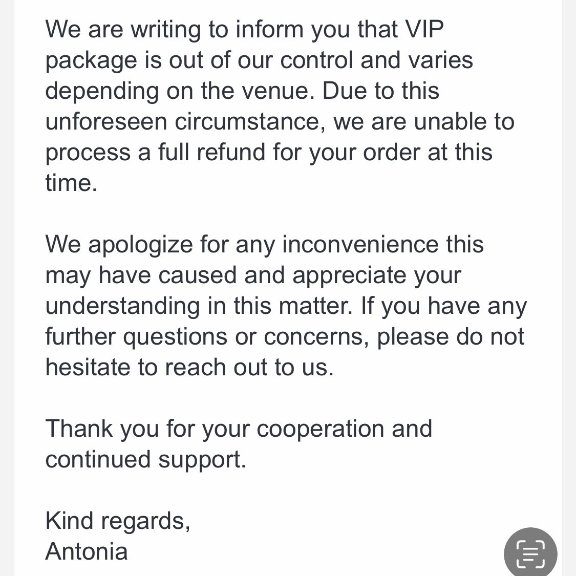 BatAnnPCT's tweet photo. @TeamStubHub This is your response Stubhub?! My purchase clearly stated Includes VIP pass (there were VIP pass sections at the event but not for my seats). I also verified this with Stubhub that it would be included. You either have a fraudulent seller or grossly misrepresented the tickets. https://t.co/12nX5NOlhG
