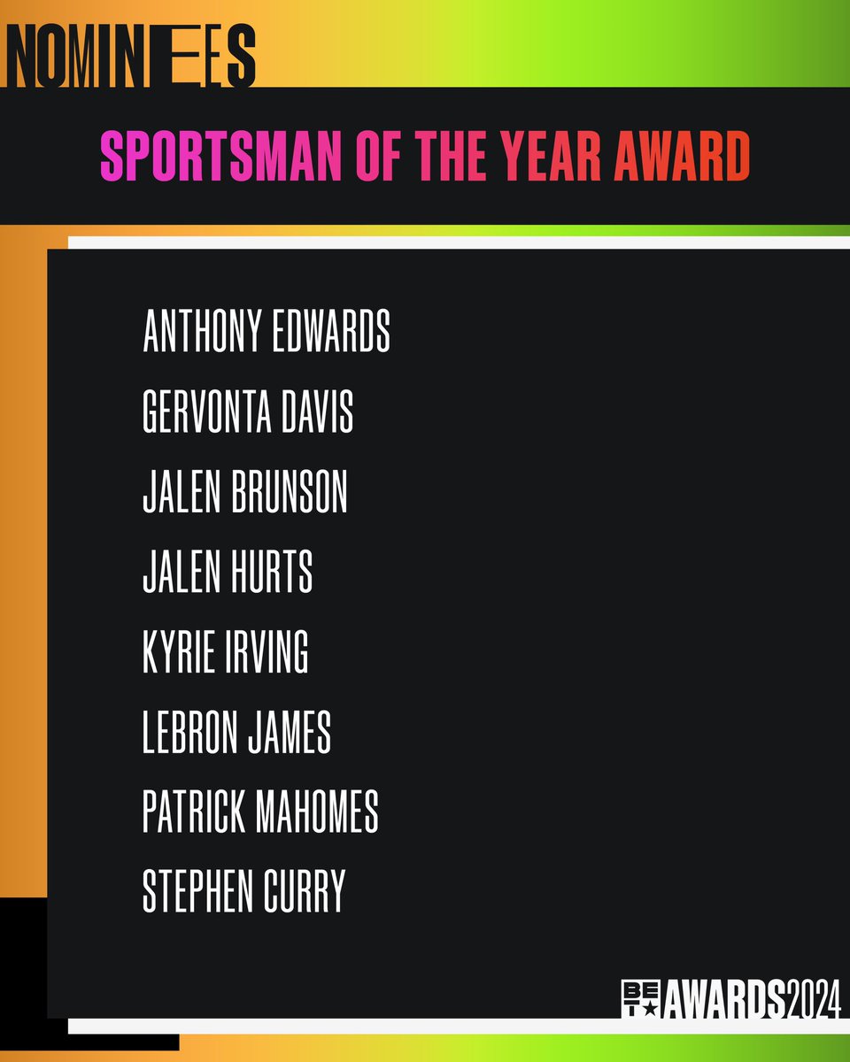 These Black men have proven to be leaders during the game and in real life! 

The #BETAwards nominees for SPORTSMAN OF THE YEAR are: 
- @theantedwards_ 
- @Gervontaa 
- @jalenbrunson1 
- @JalenHurts 
- @KyrieIrving 
- @KingJames 
- @PatrickMahomes 
- @StephenCurry30