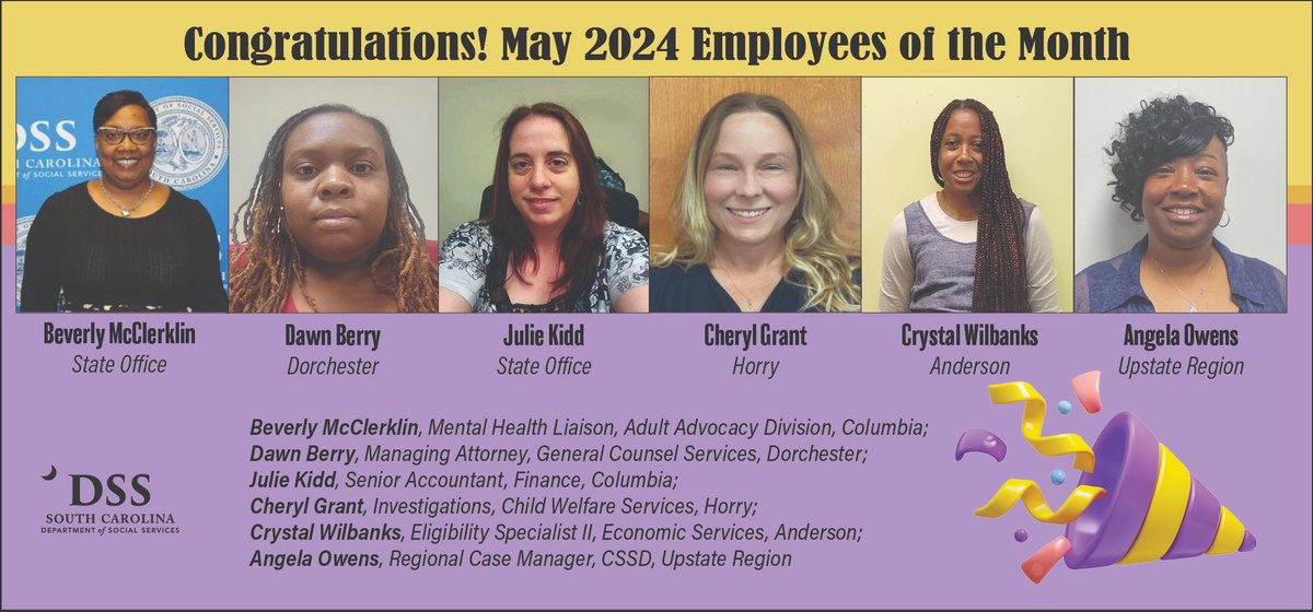 Today, DSS State Director @hardyleach recognized May Employees of the Month. He acknowledged each employee and thanked them for their #competencecouragecompassion in serving the citizens of SC.
#DSSserves2024
#StrengtheningFamilies
#BetterTogether