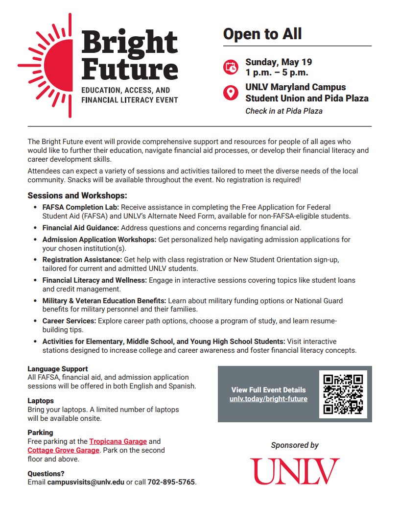 Attention parents and students! Join Bright Future this Sunday, May 19, from 1-5pm, at @UNLV for an event that will provide comprehensive support and resources for those seeking to further their education. This event is free and open to all!