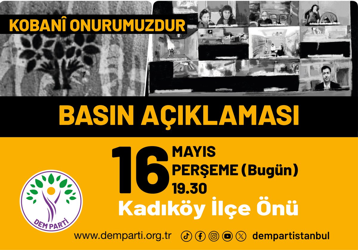 Kobanî Kumpas Davası'nda çıkan hukuksuz kararları protesto ediyoruz! #KobanîOnurumuzdur demek için bu akşam saat 19.30'da Kadıköy İlçe Örgütü'müzün önünde gerçekleştireceğimiz basın açıklamasına dayanışmaya çağırıyoruz.