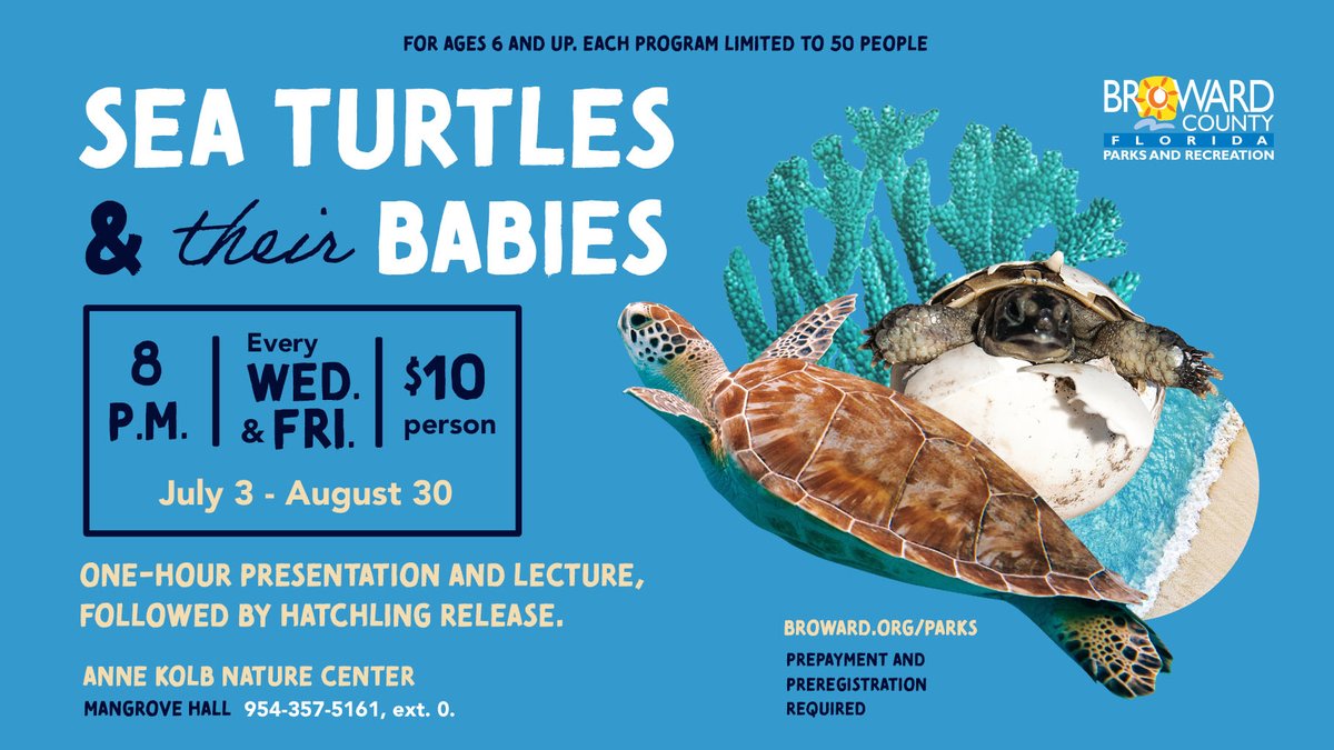 Can't wait! Preregistration opens May 20! Sea Turtles & Their Babies is our most popular program. Make sure you get tickets early! webtrac.Broward.org