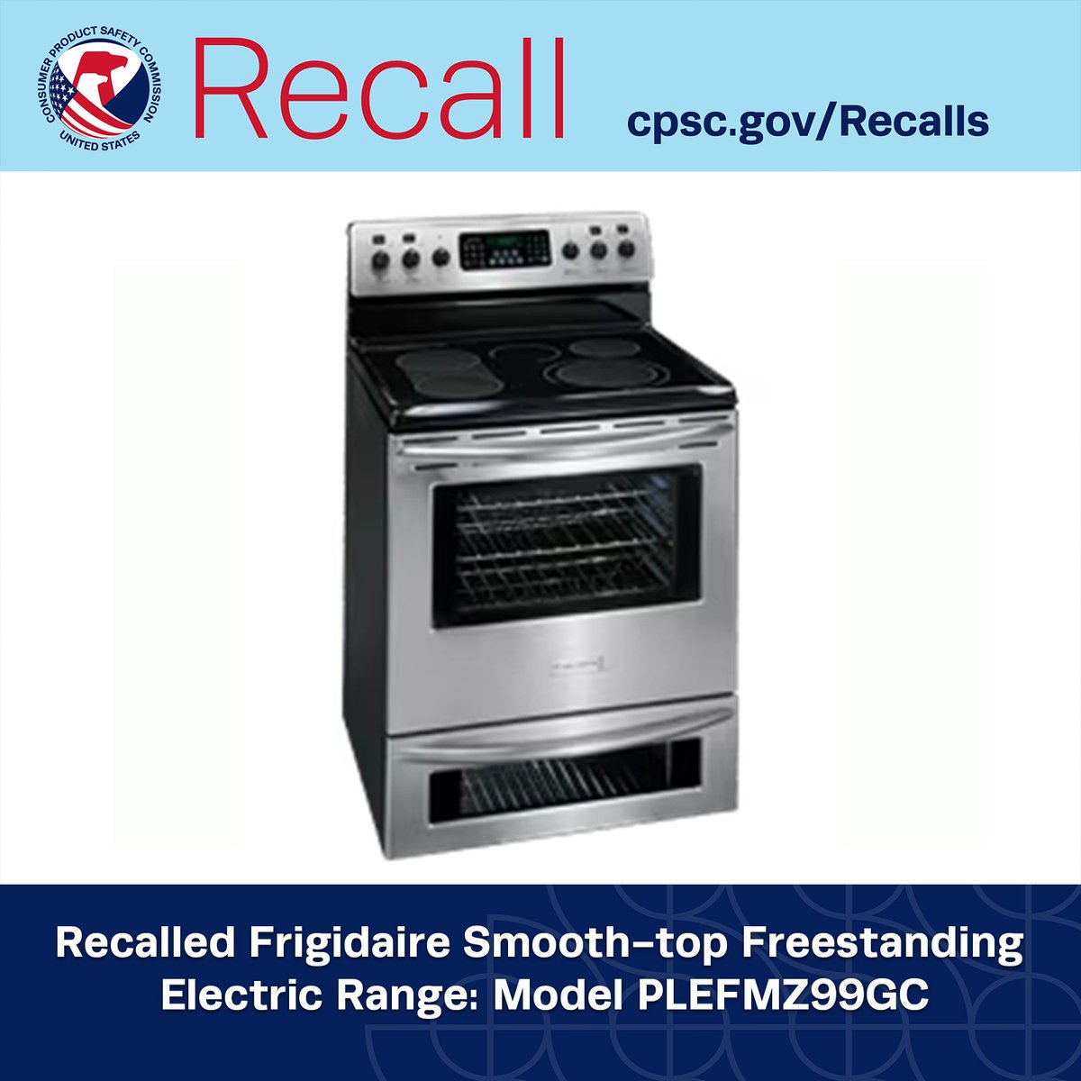 #RECALL: @ElectroluxUS reannounces recall of Frigidaire and Kenmore Electric Ranges due to fire and burn hazards; Multiple fires and injuries reported. 203,000 units. Get repair or refund. CONTACT: 888-845-8226 or frigidaire.com. Full recall: cpsc.gov/Recalls/2024/E…
